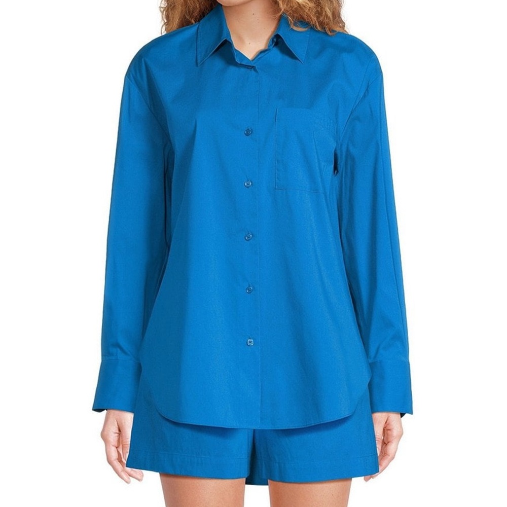 Brrr° Iris Cotton Poplin Moisture Wicking Point Collar Button Front Blouse